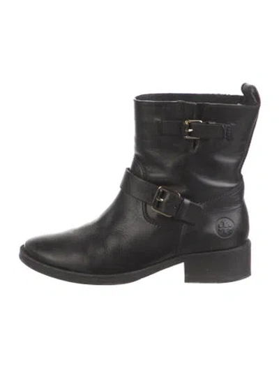 Pre-owned Tory Burch Leather Moto Boots In Black