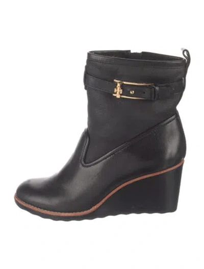 Pre-owned Tory Burch Leather Moto Boots In Black