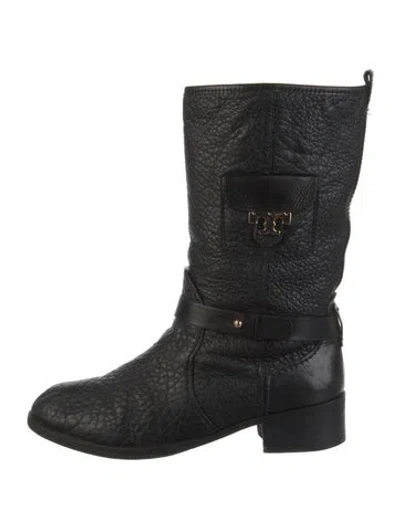 Pre-owned Tory Burch Leather Moto Boots In Black