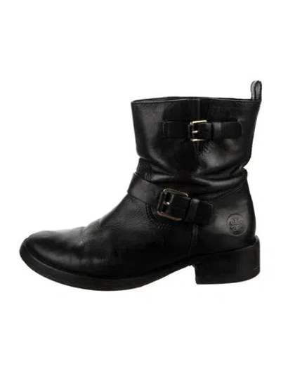 Pre-owned Tory Burch Leather Moto Boots In Black