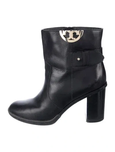Pre-owned Tory Burch Leather Moto Boots In Black/blue