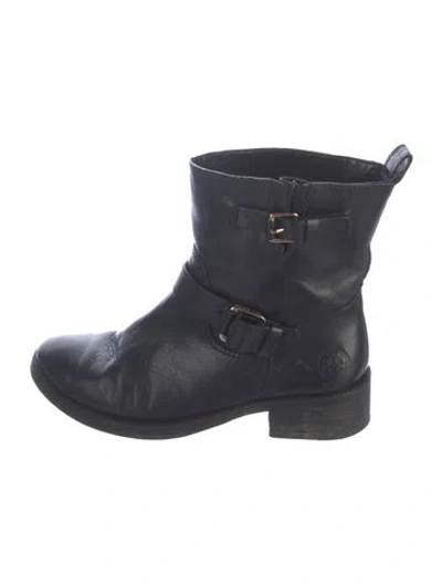 Pre-owned Tory Burch Leather Moto Boots In Black/blue