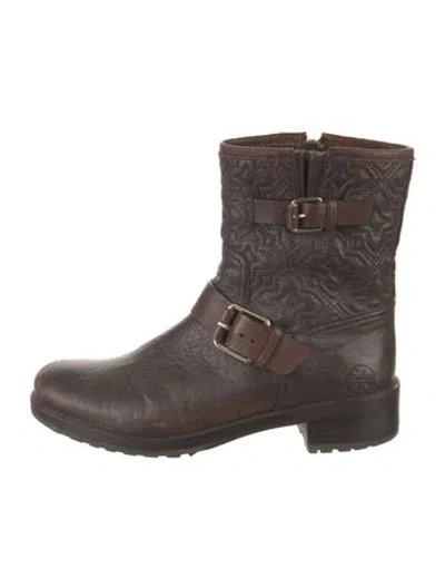 Pre-owned Tory Burch Leather Moto Boots In Brown