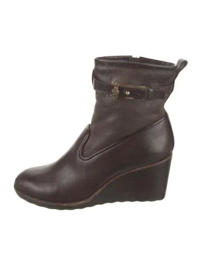 Pre-owned Tory Burch Leather Moto Boots In Brown