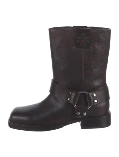 Pre-owned Tory Burch Leather Moto Boots In Brown