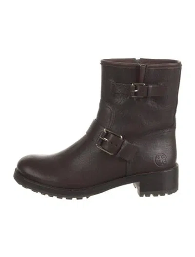 Pre-owned Tory Burch Leather Moto Boots In Brown