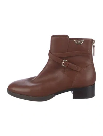Pre-owned Tory Burch Leather Moto Boots In Brown