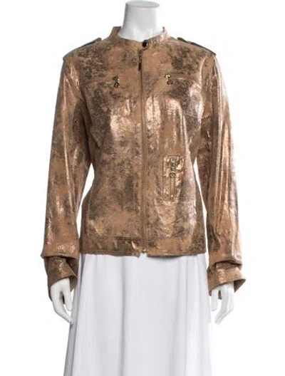 Pre-owned Tory Burch Leather Patterned Biker Jacket In Gold