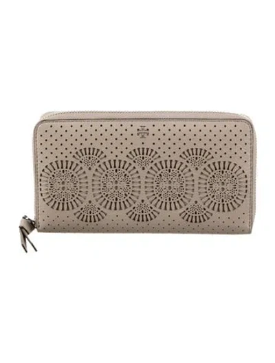 Pre-owned Tory Burch Leather Patterned Continental Wallet In Grey