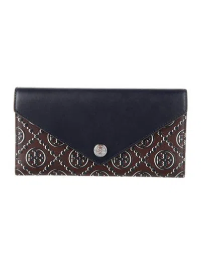 Pre-owned Tory Burch Leather Patterned Continental Wallet W/ Tags In Blue/brown