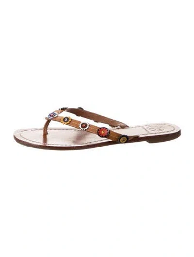 Pre-owned Tory Burch Leather Patterned Flip Flops In Brown