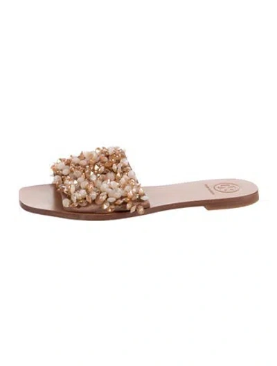 Pre-owned Tory Burch Leather Patterned Slides In Neutrals