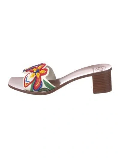 Pre-owned Tory Burch Leather Patterned Slides In White