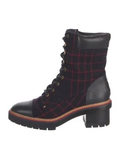 Pre-owned Tory Burch Leather Plaid Print Combat Boots In Blue