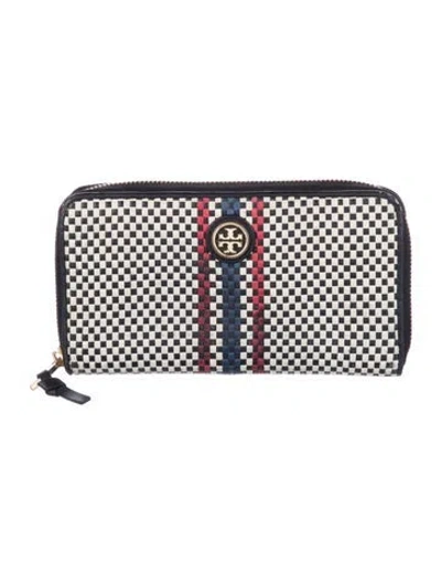 Pre-owned Tory Burch Leather Plaid Print Continental Wallet In Black