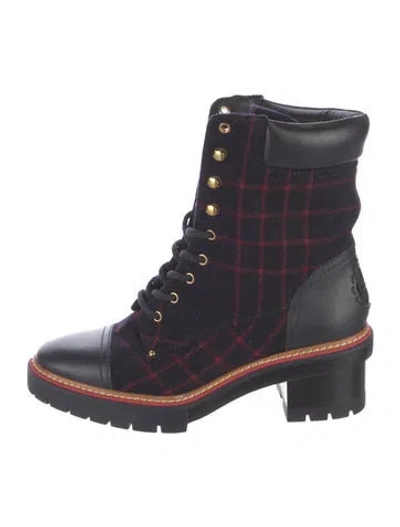 Pre-owned Tory Burch Leather Plaid Print Lace-up Boots In Blue
