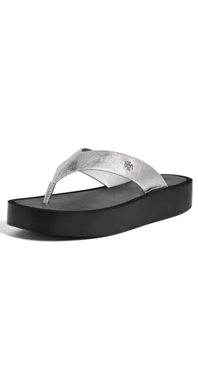 Tory Burch Leather Platform Flip Flops Silver/perfect Black