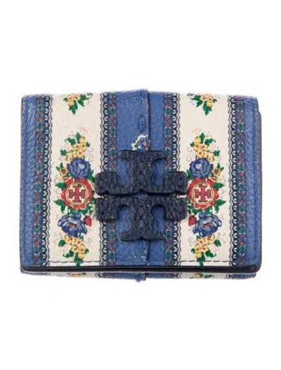 Pre-owned Tory Burch Leather Printed Compact Wallet In Blue