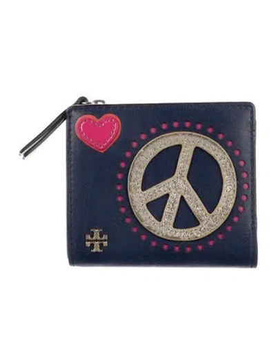 Pre-owned Tory Burch Leather Printed Compact Wallet In Blue