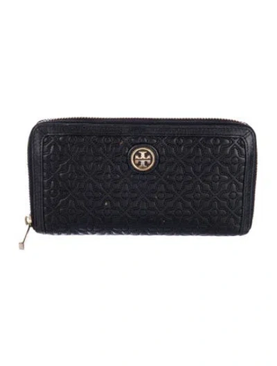 Pre-owned Tory Burch Leather Printed Continental Wallet In Black