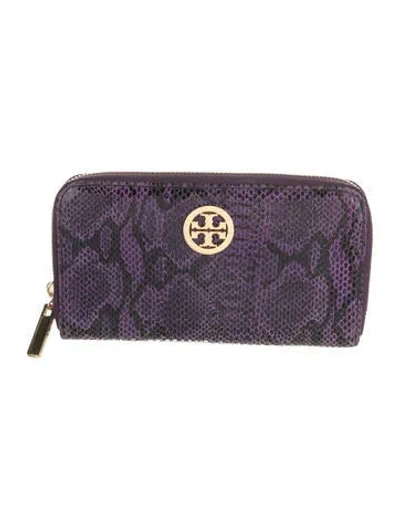 Pre-owned Tory Burch Leather Printed Continental Wallet In Purple