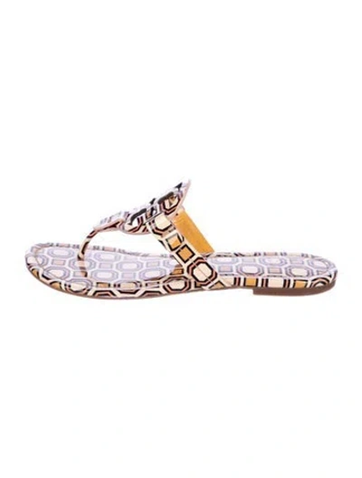 Pre-owned Tory Burch Leather Printed Flip Flops In Neutral