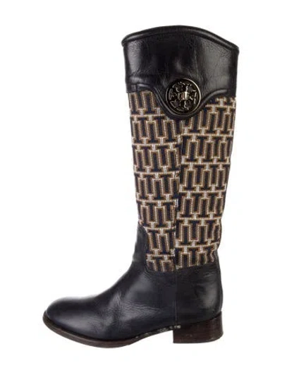 Pre-owned Tory Burch Leather Printed Riding Boots In Blue