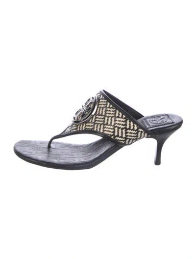 Pre-owned Tory Burch Leather Printed Slides In Black