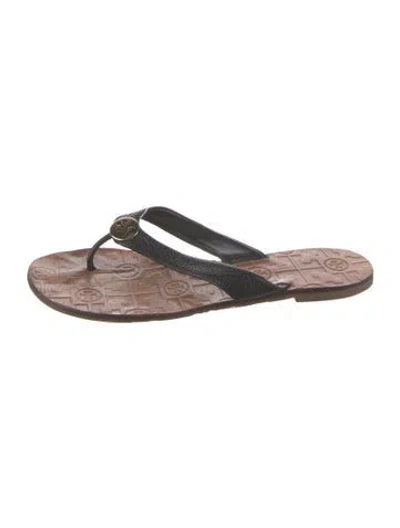 Pre-owned Tory Burch Leather Printed Slides In Black