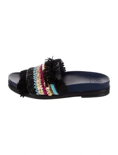 Pre-owned Tory Burch Leather Printed Slides In Blue