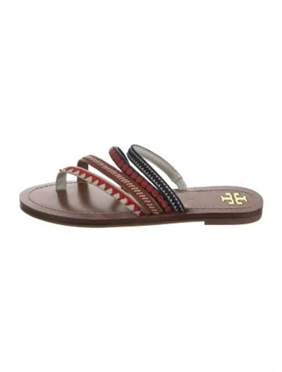 Pre-owned Tory Burch Leather Printed Slides In Blue