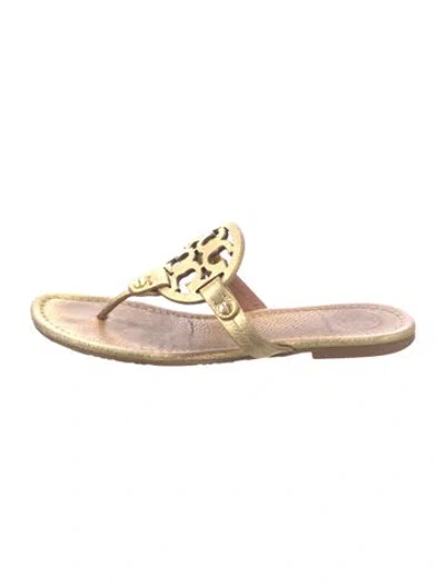Pre-owned Tory Burch Leather Printed Slides In Gold