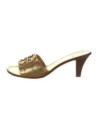 Pre-owned Tory Burch Leather Printed Slides In Silver