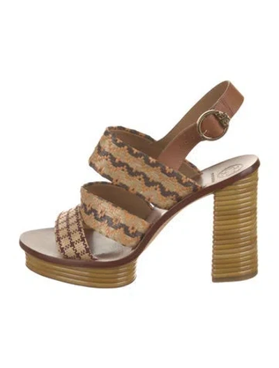 Pre-owned Tory Burch Leather Printed Slingback Sandals In Brown