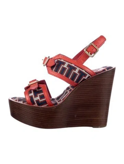 Pre-owned Tory Burch Leather Printed Slingback Sandals In Red