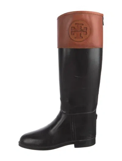 Pre-owned Tory Burch Leather Rain Boots In Black