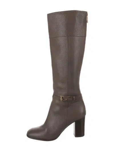 Pre-owned Tory Burch Leather Riding Boots In Grey