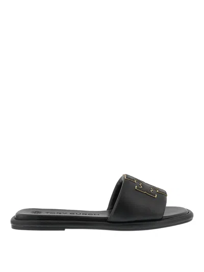 Tory Burch Leather Slider Sandals In Negro