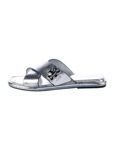 Pre-owned Tory Burch Leather Slides W/ Tags In Silver