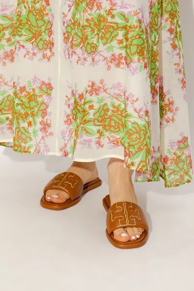 Tory Burch Double T Sport Slide Sandals In Brown