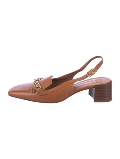 Pre-owned Tory Burch Leather Slingback Flats In Brown
