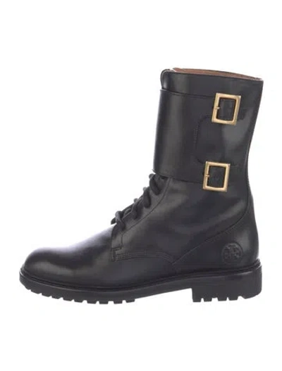 Pre-owned Tory Burch Leather Striped Combat Boots In Blue