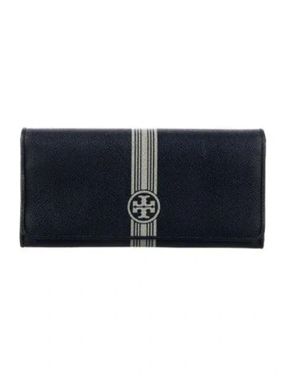 Pre-owned Tory Burch Leather Striped Continental Wallet In Blue