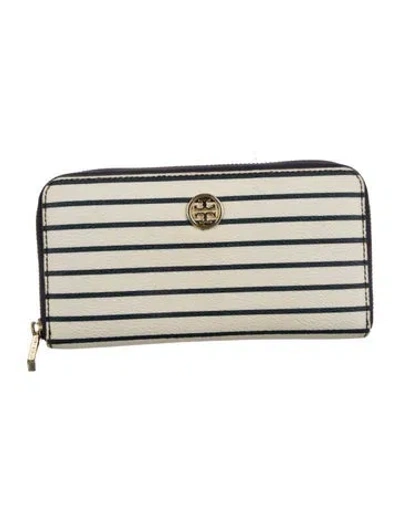Pre-owned Tory Burch Leather Striped Continental Wallet In Neutral