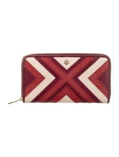 Pre-owned Tory Burch Leather Striped Continental Wallet In Red