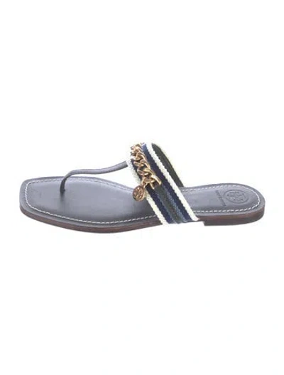 Pre-owned Tory Burch Leather Striped Flip Flops In Blue