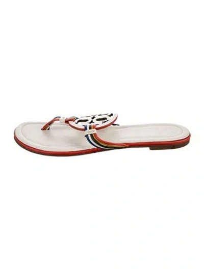 Pre-owned Tory Burch Leather Striped Flip Flops In White