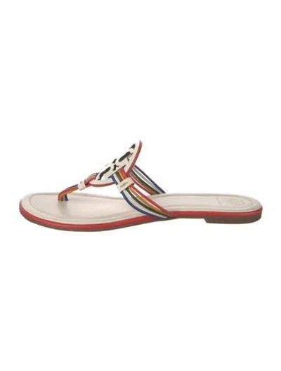 Pre-owned Tory Burch Leather Striped Flip Flops In White