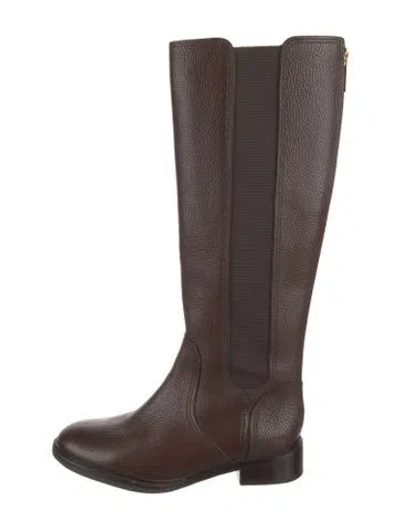 Pre-owned Tory Burch Leather Striped Riding Boots In Brown