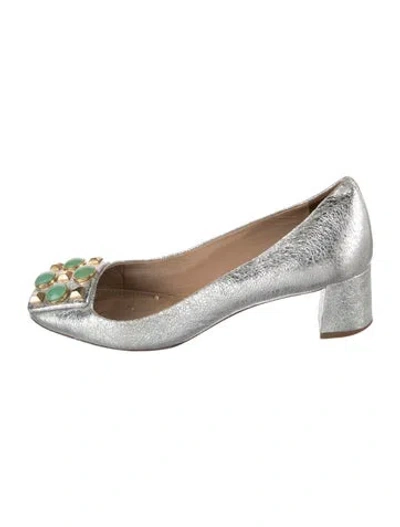 Pre-owned Tory Burch Leather Studded Accents Flats In Metallic/silver